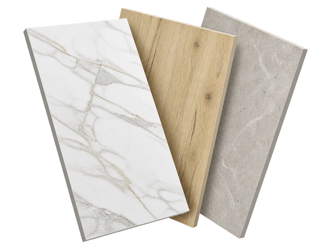 Campioni di ceramica effetto marmo, legno e pietra