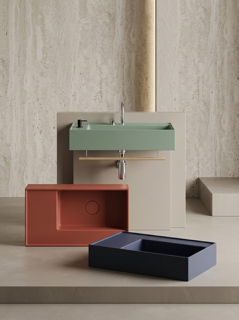 Lavabi colorati verde, terracotta e blu