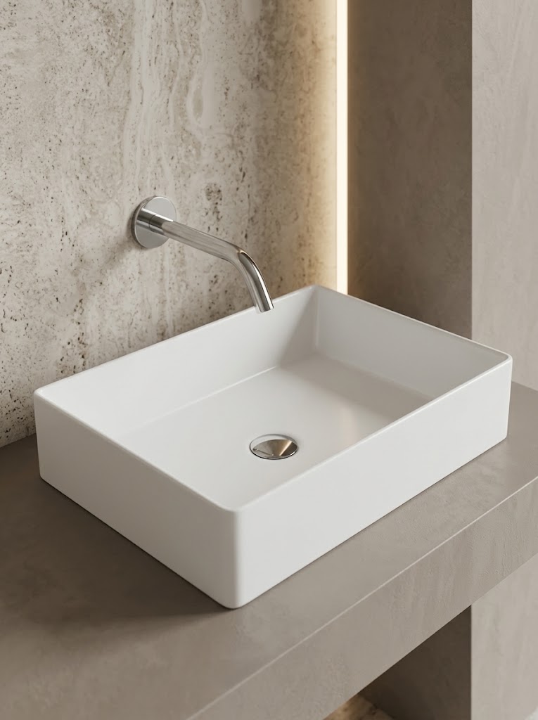 Lavabo bianco da appoggio con rubinetto a parete